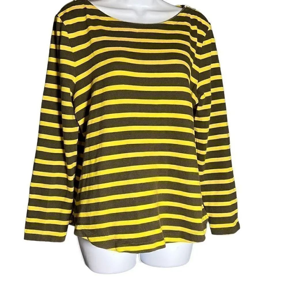Talbots Womens Striped Long Sleeve Shirt Shoulder Zip Yellow Black Large Petite